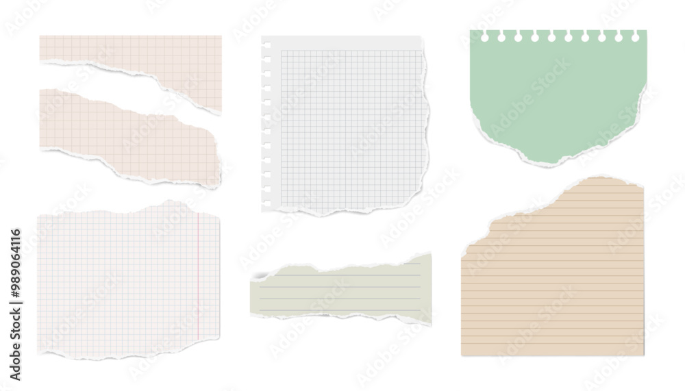 Poster white, yellow torn note, notebook paper pieces for text, advertising or design. vector torned square