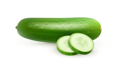 Organic natural cucumber ingredient for cooking salads and dishes. Vector isolated product for dieting and nutritious balanced diet. Slices of green vegetable, veggies from supermarkets