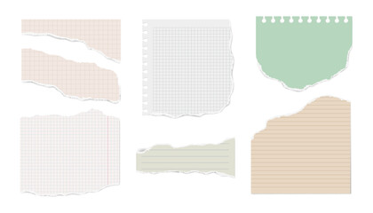 White, yellow torn note, notebook paper pieces for text, advertising or design. Vector torned square, lined paper blank sheets set. Art design lines, abstract concept graphic elements, notebook paper