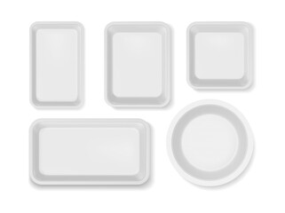 Plastic trays for food and products. Vector isolated set of realistic styrofoam containers of rectangular and circlular shape. Disposable storage boxes, packaging for branding and mockup