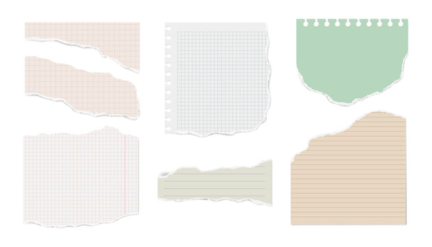 White, yellow torn note, notebook paper pieces for text, advertising or design. Vector torned square, lined paper blank sheets set. Art design lines, abstract concept graphic elements, notebook paper