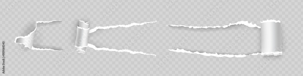 Poster torn page piece with rip edges and holes. vector isolated set of scratch claws, curls of blank sheet