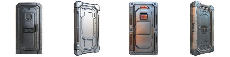 Futuristic metallic door with intricate designs. Ideal for sci-fi themes and modern architecture concepts. on transparent cutout, PNG file