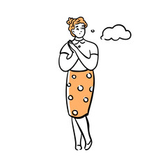 Female personage with thought bubble doddle. Vector flat cartoon character, isolated woman thinking about problem solution. Reflecting and brainstorming girl wearing official formal clothes
