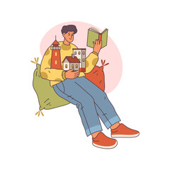 Male personage enjoying history novel book. Boy imagining castles and architecture of fiction town or setting of publication. Isolated man studying. Flat cartoon style character vector