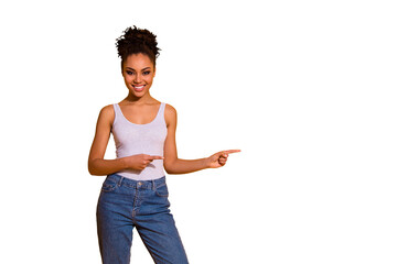 Close up photo cute beautiful she her dark skin lady toothy summer sale discount low prices indicate fingers empty space advising buy buyer wear casual jeans denim tank-top isolated yellow background