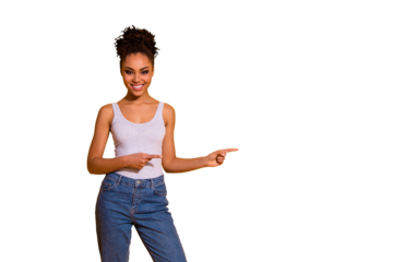 Close up photo cute beautiful she her dark skin lady toothy summer sale discount low prices indicate fingers empty space advising buy buyer wear casual jeans denim tank-top isolated yellow background