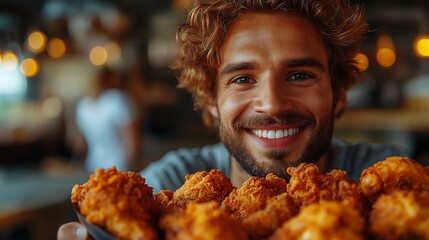 Naklejka premium A man enjoying fried chicken. The man should be in mid-bite, showcasing the crispy texture of the chicken, with a satisfied expression on his face.