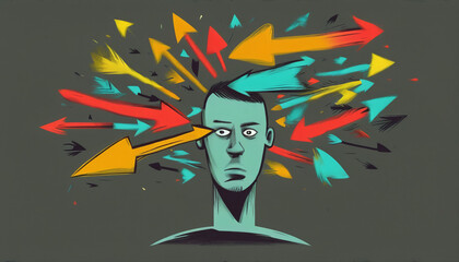 Illustrative graphic depiction of a person surrounded by drawn arrows in different directions, agony of choice and decision making