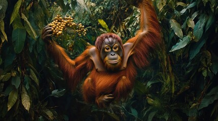 Obraz premium An orangutan in a lush jungle, holding fruit, highlighting wildlife and conservation.