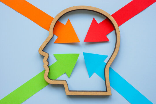 Colorful arrows pointing into a head as internal thinking processes. Can symbolize decision-making and creativity.