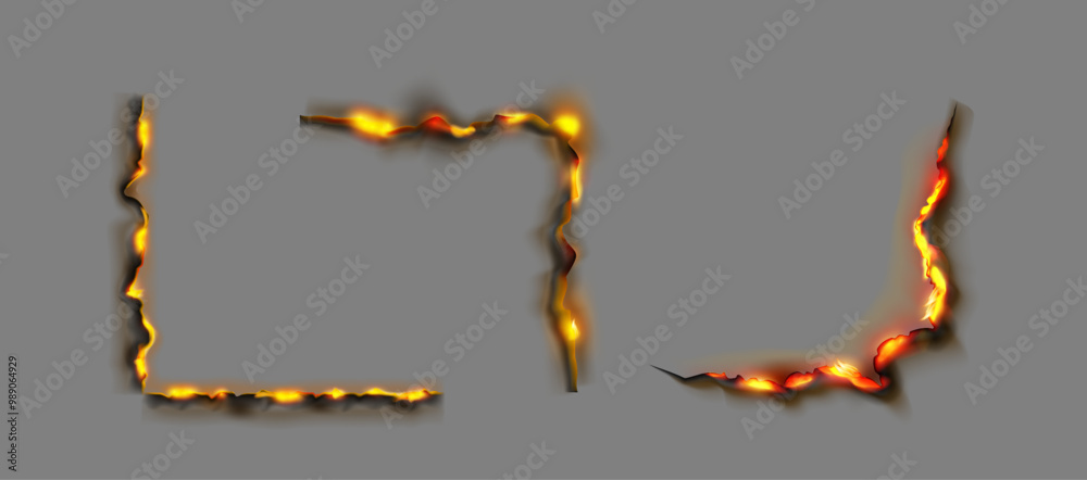 Poster burning paper borders, pieces of cellulose flaming. vector documents or burnt page with smoldering f