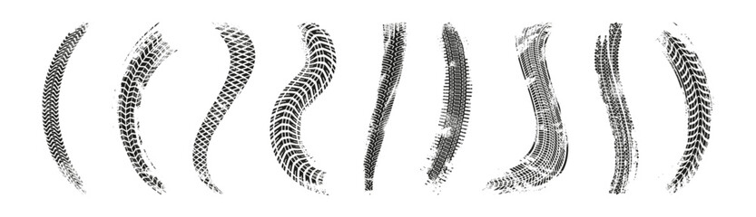 Wheel tire traces and tracks, isolated set of grungy monochrome trails left by motorcycle or car. Vector set of messy or dirty traffic skidding rubber imprinting. Texture for street or highway