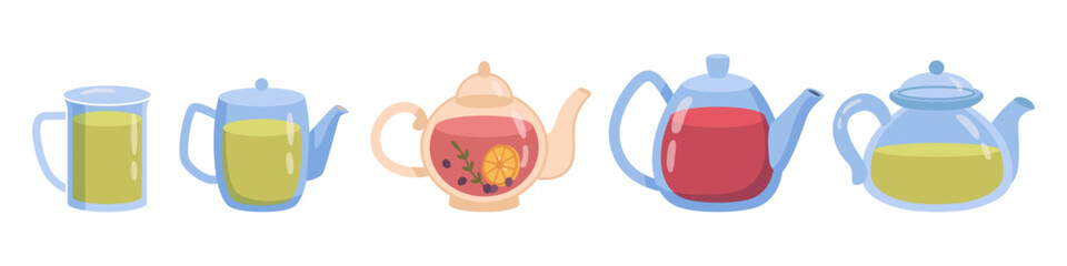 Glass kitchenware for brewing and making delicious aromatic tea. Vector isolated pane teapots collection with lids and handles. Glassware with tasty herbal liquid with healthy ingredients
