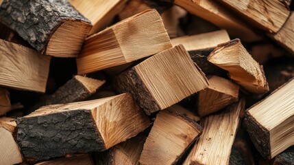 Fototapeta premium A close-up view of stacked firewood, showcasing different wood textures and colors.