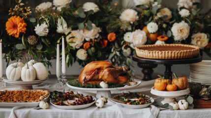 Naklejka premium Elegant Thanksgiving Buffet Wedding Setup with Roasted Turkey and Seasonal Dishes on White Linens