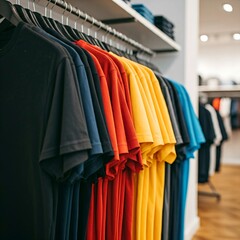 Obraz premium A row of T-shirts hanging on hangers