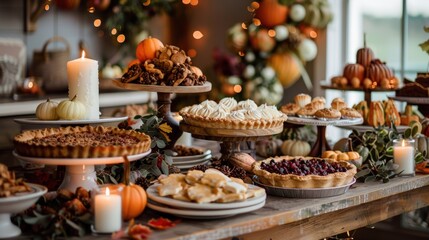 Thanksgiving Dessert Table with Pies, Cookies, and Cakes for Fall Celebration Decor in Canadian Home
