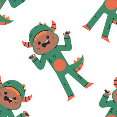 Kid in monster with horns Halloween costume vector cartoon seamless pattern background.