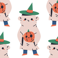 Kid in ghost Halloween costume vector cartoon seamless pattern background.
