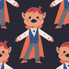 Boy in vampire Halloween costume vector cartoon seamless pattern background.