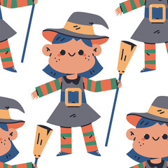 Girl in witch Halloween costume vector cartoon seamless pattern background.