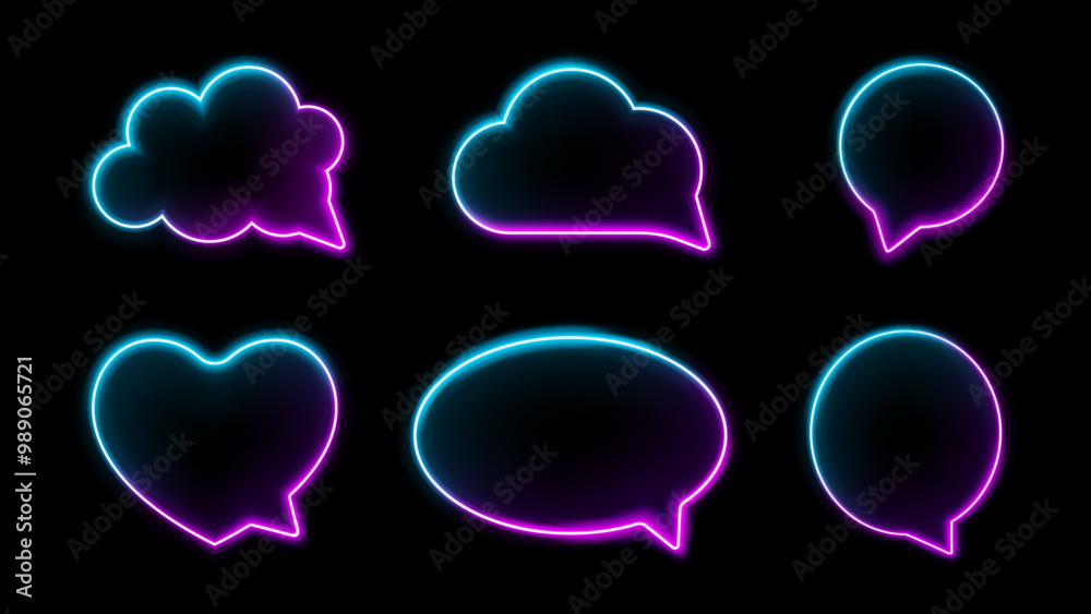 Poster Thought bubbles, speech box container with neon effect. Isolated fluorescent sparkling and glowing chat banners, comments and message balloons in form of clouds and heart, circle and oval