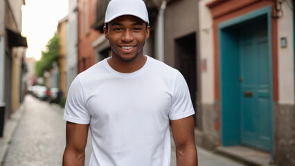Young black man wearing white t-shirt and white baseball cap standing in a city alley