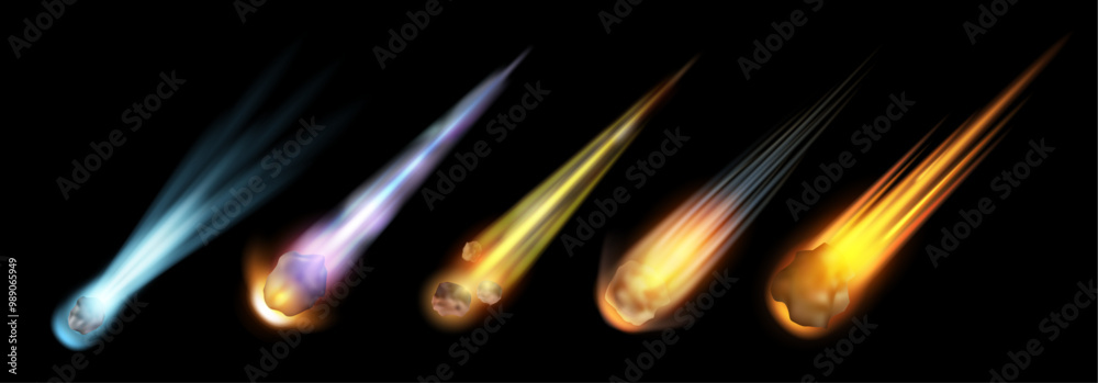 Poster Asteroid with fire trail, realistic space meteor on black. Vector comet with tail of flame, burning rock. 3d meteorite space object falling down, lying fireball or meteor with fire neon light trail