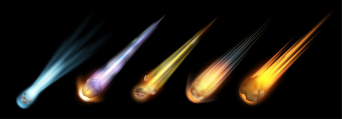 Asteroid with fire trail, realistic space meteor on black. Vector comet with tail of flame, burning rock. 3d meteorite space object falling down, lying fireball or meteor with fire neon light trail © Sensvector