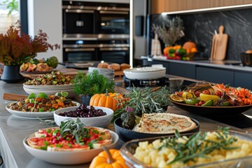 Obraz premium Modern Thanksgiving Buffet with Traditional and Plant-Based Dishes in a Contemporary Kitchen Setting