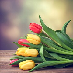 Obraz premium A row of colorful tulips arranged on a wooden surface.