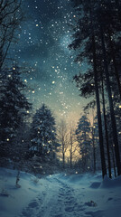 Fototapeta premium Winter Night Snowfall under the Starry Sky