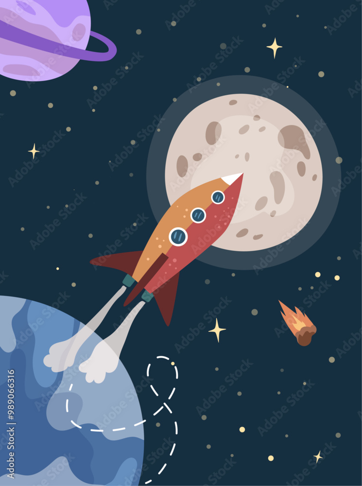 Poster Rocket space trip concept. Galaxy game design. Vector cosmic illustration with starry sky and planets, globe and outer space, cosmic astrology and satellite spacecraft, falling comet