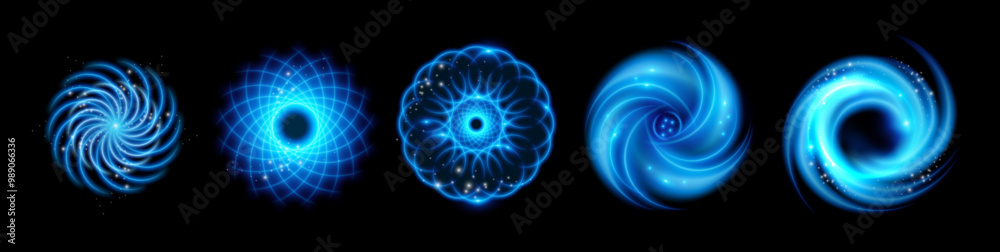 Poster Light speed motion, isolated set of magic swirl. Vector glow trail neon effect for spells in fantasy games. Spiral circular swoosh blur element. Abstract energy trace asset, curves and shiny forms