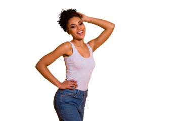 Close up side profile photo beautiful she her dark skin model lady summer vacation weekend rest relax party modern trendy look wear casual jeans denim tank-top isolated vivid yellow background