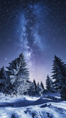 Fototapeta premium Winter Night Snowfall under the Starry Sky