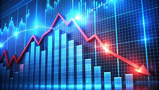 The image shows a blue and red graph with a red arrow pointing downwards, illustrating a decline in a company&rsquo;s stock price, signifying a negative trend in the market.