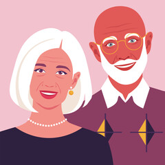 Grandfather and grandmother are smiling. Portrait of happy old people. Elderly couple. Vector flat illustration