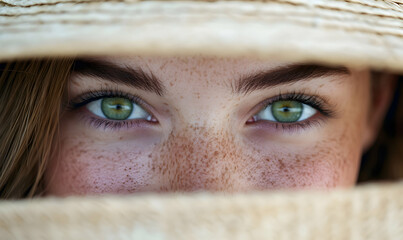 Portrait of beautiful woman hiding behind a straw hat at beach