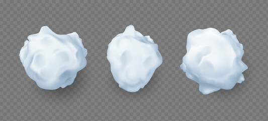 Snowballs collection, isolated realistic snow spheres. Vector frost balls. Winter game of Christmas fight. Play with ice snowflakes. New Year holiday. Snowy clump icy mass elements sets