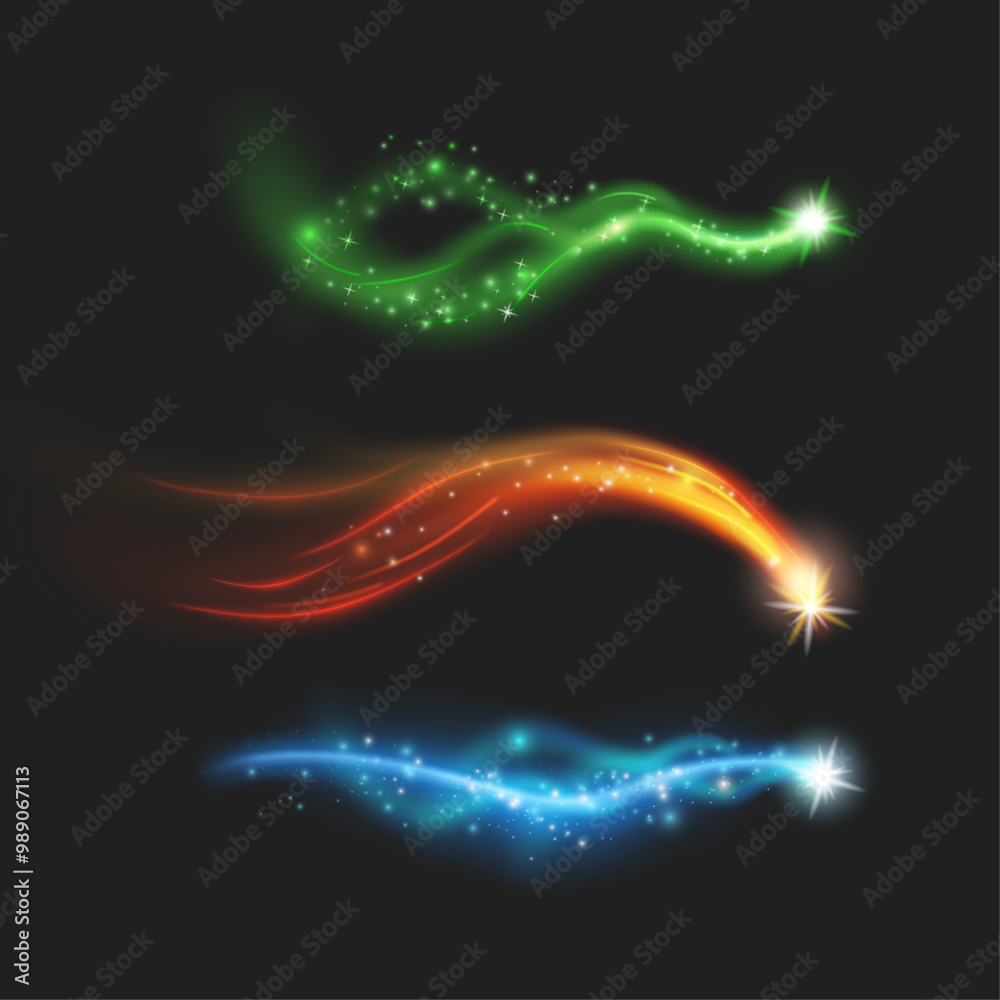 Aufkleber luminous neon bright shining with trail, isolated realistic set. vector magic streams and lights. br