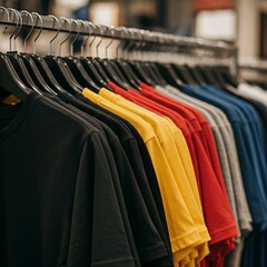Obraz premium A row of T-shirts hanging on hangers