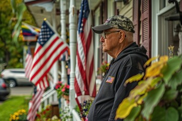 Veteran Celebrates Veterans Day with Patriotic Display of American Flags Outside Home