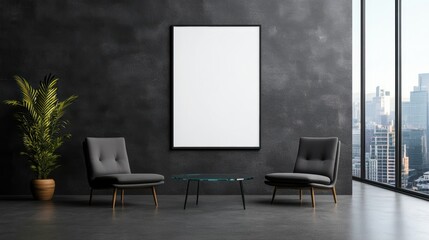 Modern Living Room with Empty Frame and Urban View