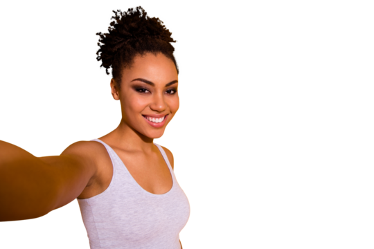 Close up photo beautiful nice pretty she her dark skin lady summer vacation weekend rest relax make take selfies blogger instagram wear casual jeans denim tank-top isolated vivid yellow background