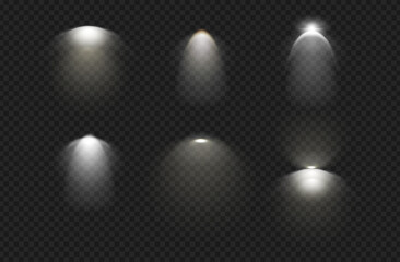 Wall lights, isolated set of sconces light glowing on wall. Vector variety of lamps giving cold illumination for home. Studio or interior design accessories. Advertising or scene arrangement