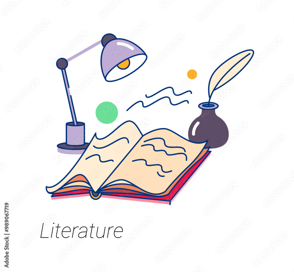 Poster literature discipline in school, studies and education. vector isolated flat cartoon of open book, i
