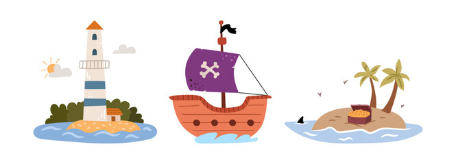 Cartoon sea landscapes. Vector tropical uninhabited empty land island with palm trees and treasure chest, pirate ship with bones on sail and black flag, lighthouse on isle with greenery