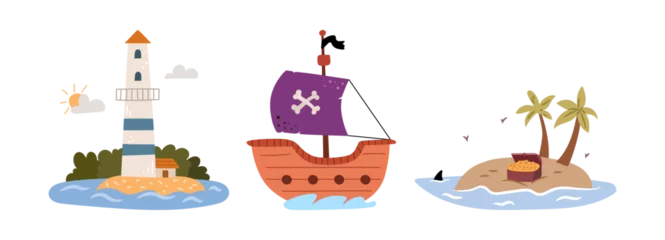 Cartoon sea landscapes. Vector tropical uninhabited empty land island with palm trees and treasure chest, pirate ship with bones on sail and black flag, lighthouse on isle with greenery